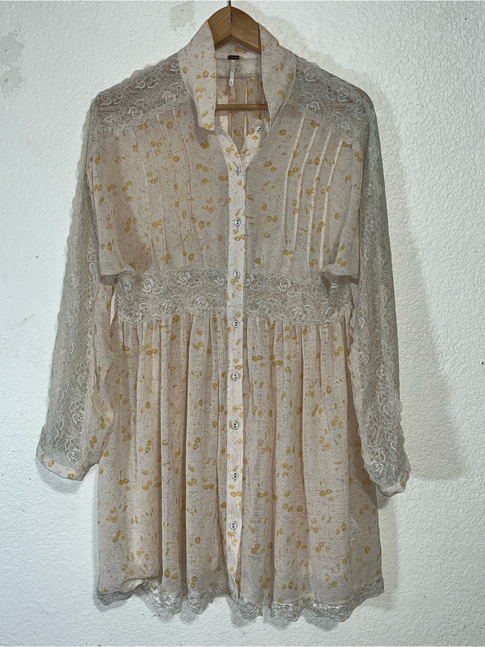 Free People Sheer Romance Cream  Mini Dress with Yellow Floral Print